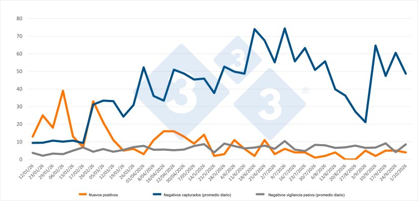 Evolución de positivos, capturas y vigilancia pasiva semanal en las zonas I y II. Fuente: 333 a partir de datos del MAPA.