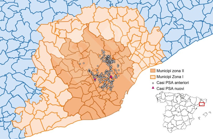 Localizzazione dettagliata dei casi di cinghiali rilevati nella zona ristretta II (Fonte: Dipartimento dell'Agricoltura, Ramaderia, Pesca i Alimentaci&oacute;).
