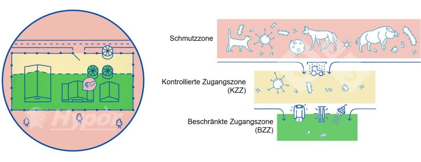 Verschiedene Hygienezonen in einem Schweinebetrieb
