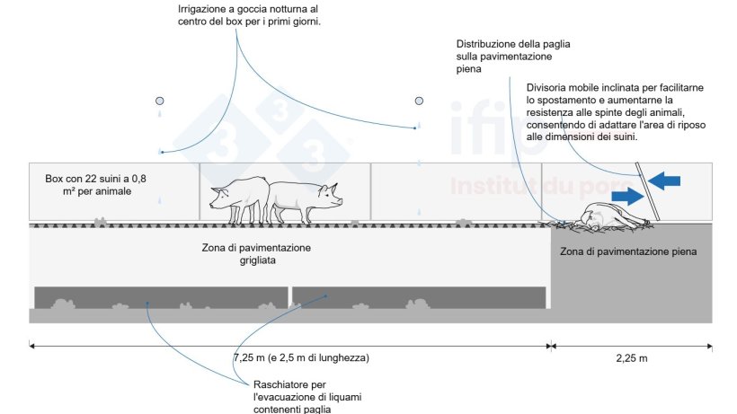 Esempio di condizionamento di un box&nbsp;con pavimento parzialmente fessurato Adattato dalla Guida&nbsp;B&acirc;tiPorc C4E, 2024.
