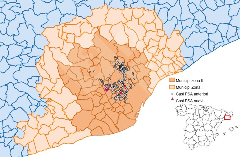 Localizzazione dettagliata dei casi di cinghiali rilevati nella zona ristretta II (Fonte: Dipartimento dell'Agricoltura, Ramaderia, Pesca i Alimentaci&oacute;).
