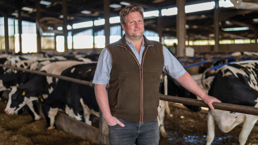 James Johns in shed with cows