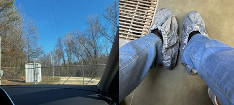 Figure 1. Farm access gates with a strictly password-controlled entry system (left). Disposable shoe covers for farm access (right).
