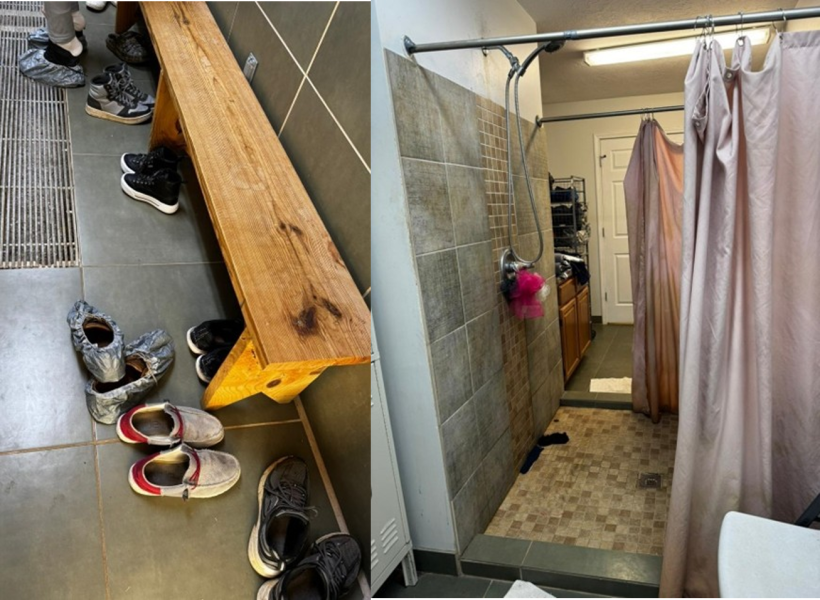 Figure&nbsp;2. Staff shoes are left in the dirty area (left). Individual toilets (right).

