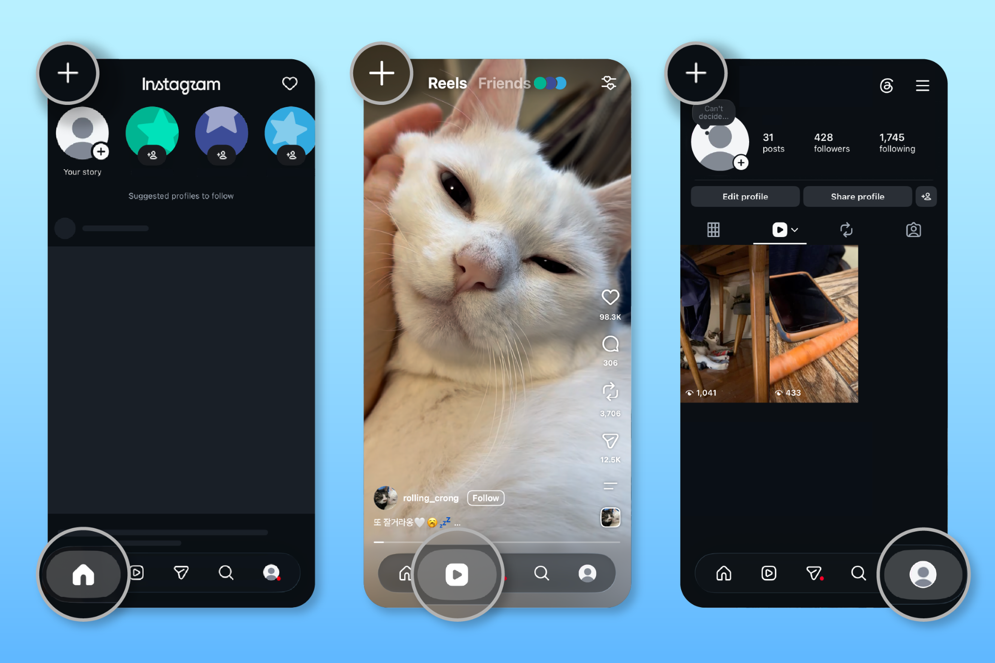 Screens showing the + to post a Story