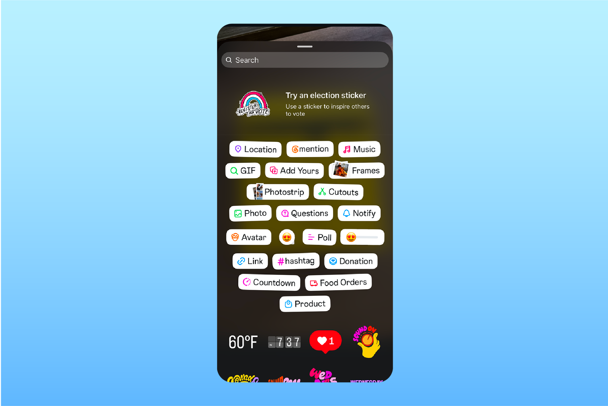 Stickers screen shows features like link, countdown, photo, and questions