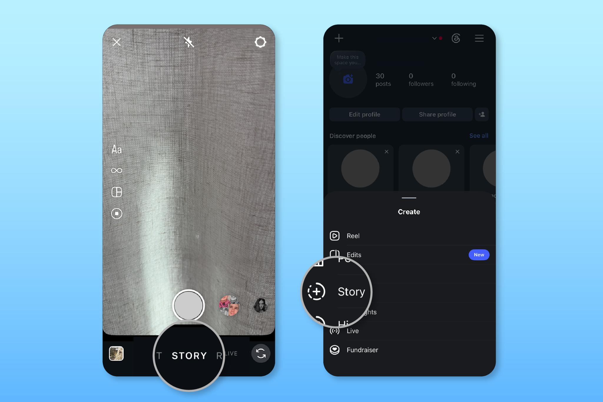 Screens showing options to post a Story