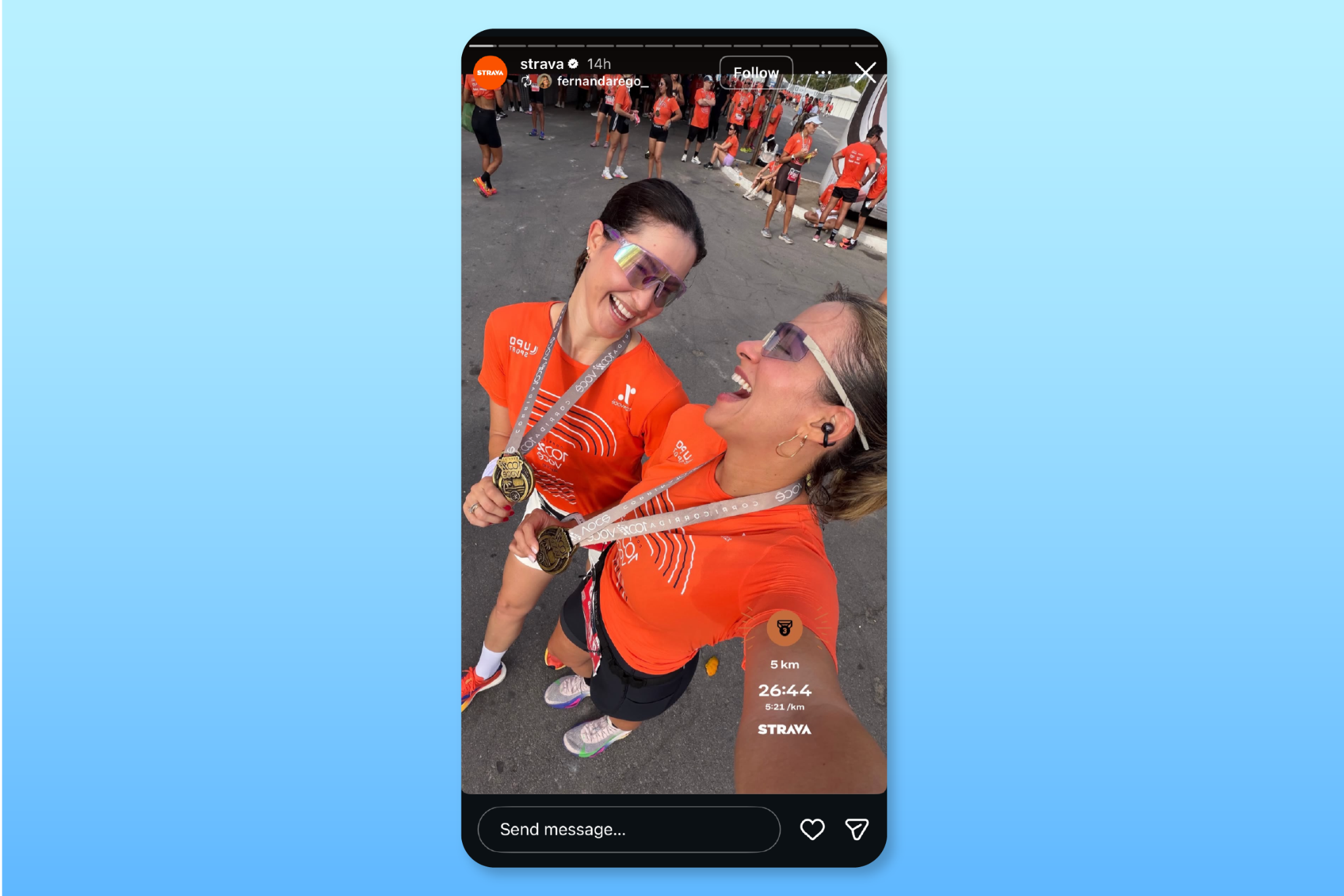 Strava Instagram story shows two app users finishing a 5k