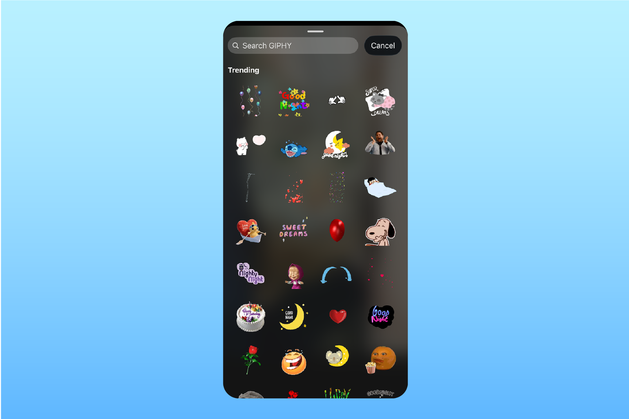 GIF sticker options include illustrations of a birthday cake and balloons