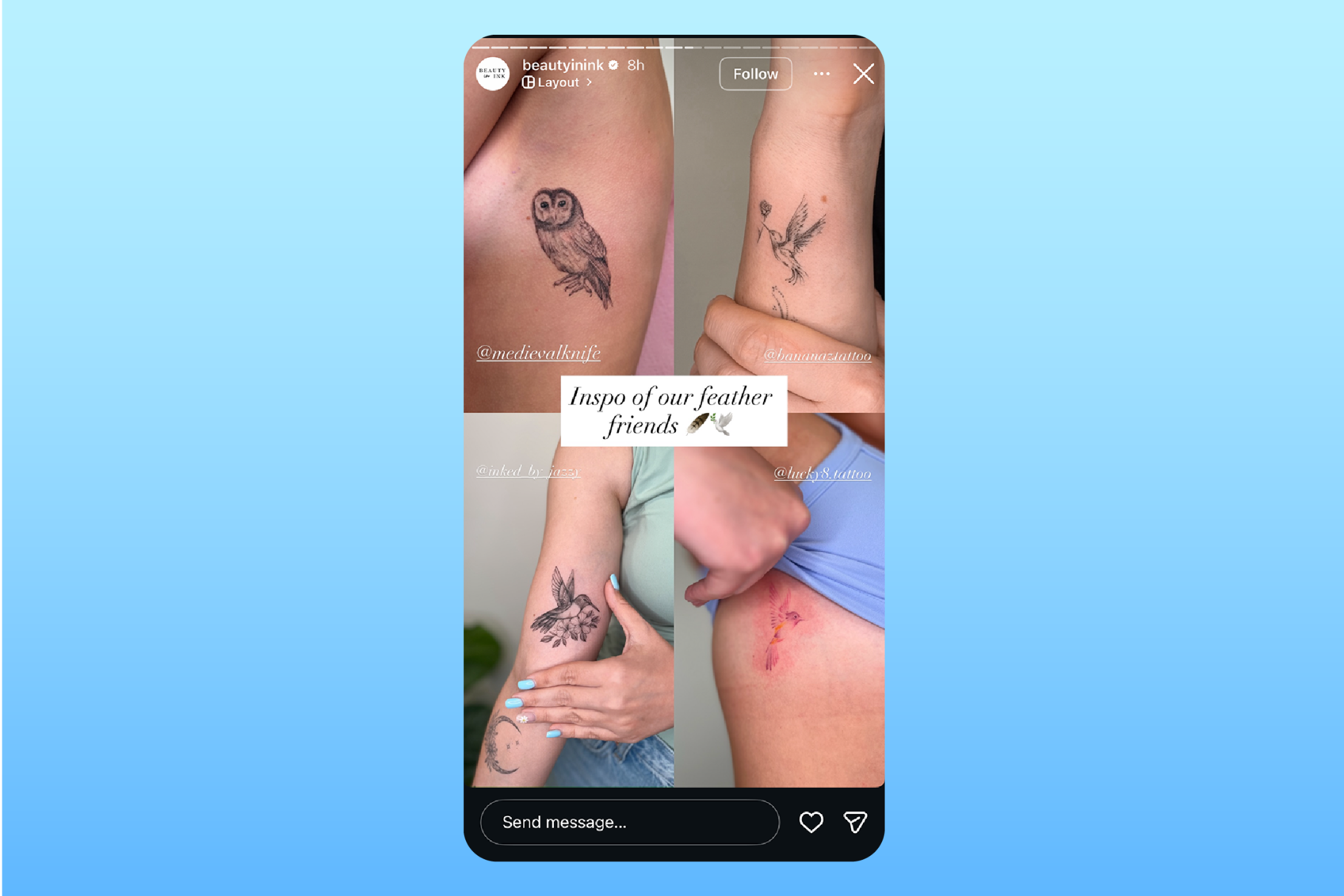 Beauty in Ink Instagram story shows different tattoos of birds