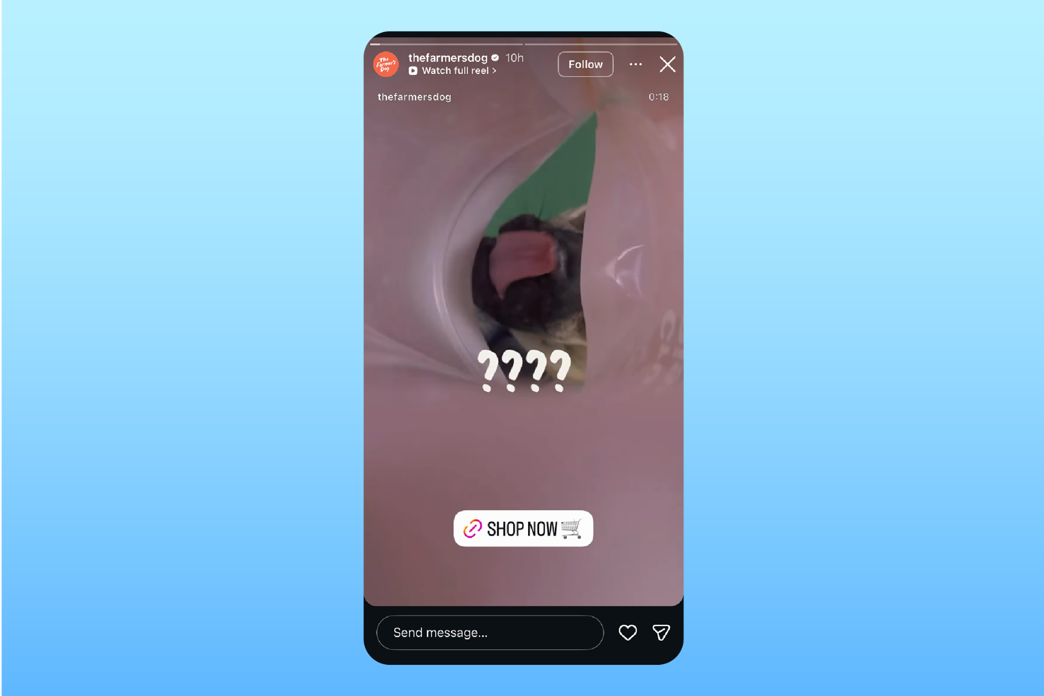 Farmers Dog Instagram story shows the perspective inside of a bag of dog food