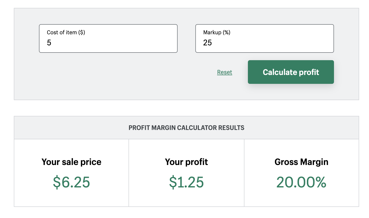 Wholesale price calculator showing a 25% markup for a wholesale product that costs $5.