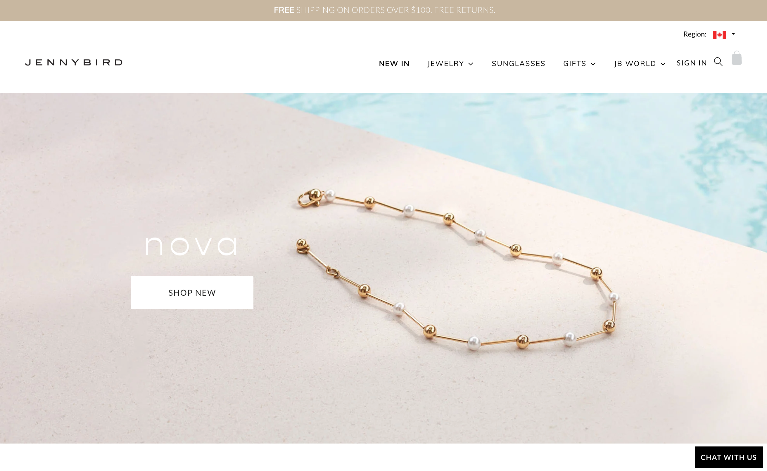 Jenny Bird homepage featuring Nova gold and pearl bracelet beside a pool.