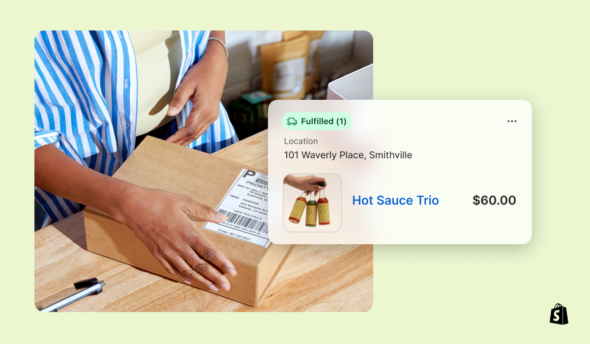 A seller packages hot sauce to send using Shopify