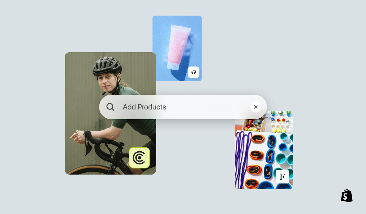 Examples of cycling, cosmetic, and stationary products available through Shopify product sourcing apps.