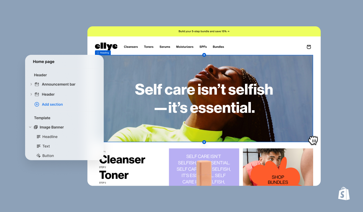 The Shopify store builder with its drag and drop interface and simple menu options