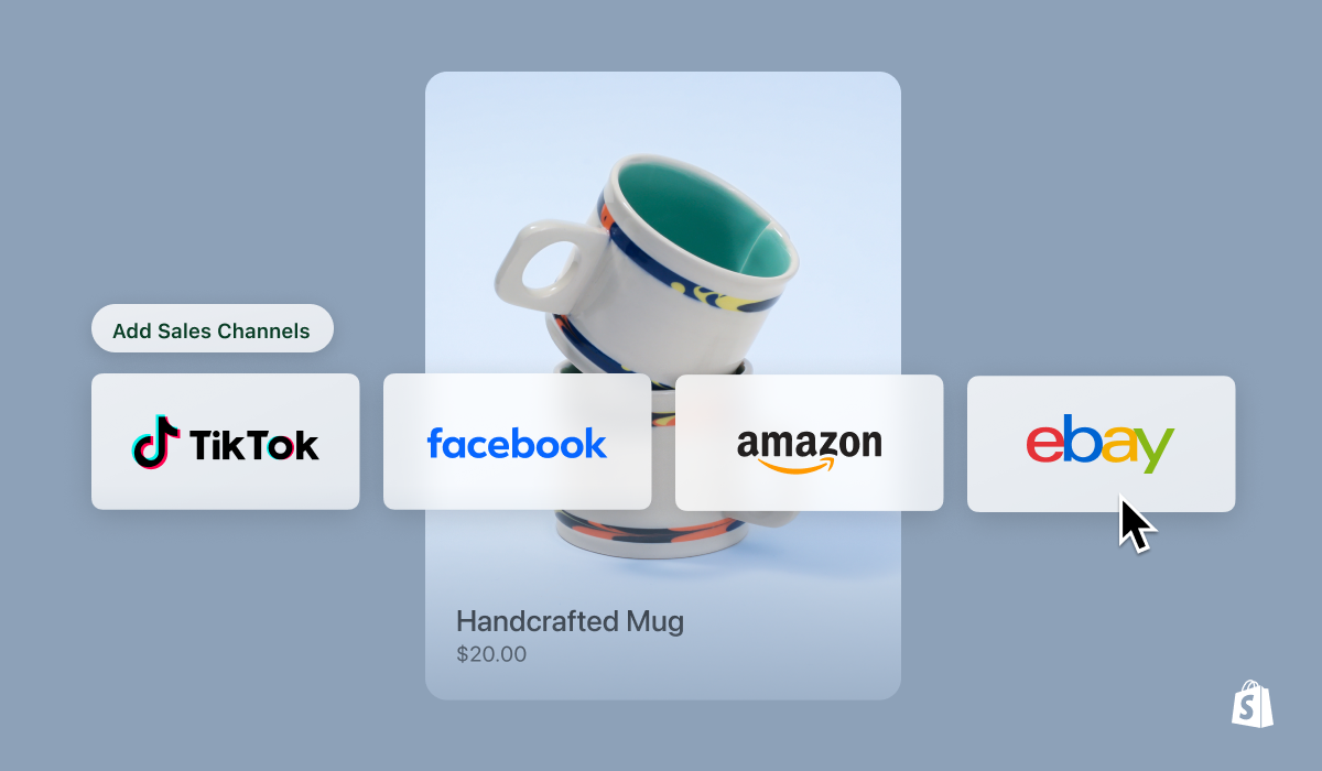 A Shopify merchant lists ceramic mugs on social media storefronts and online marketplaces