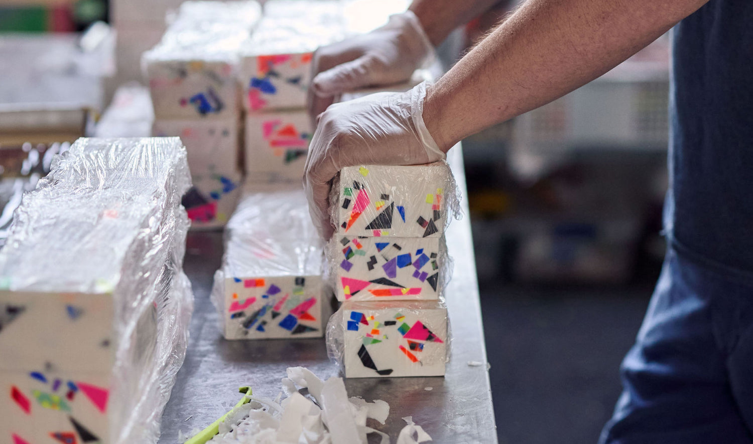 John Meyers handles Shower Thoughts Soap wrapped in plastic.