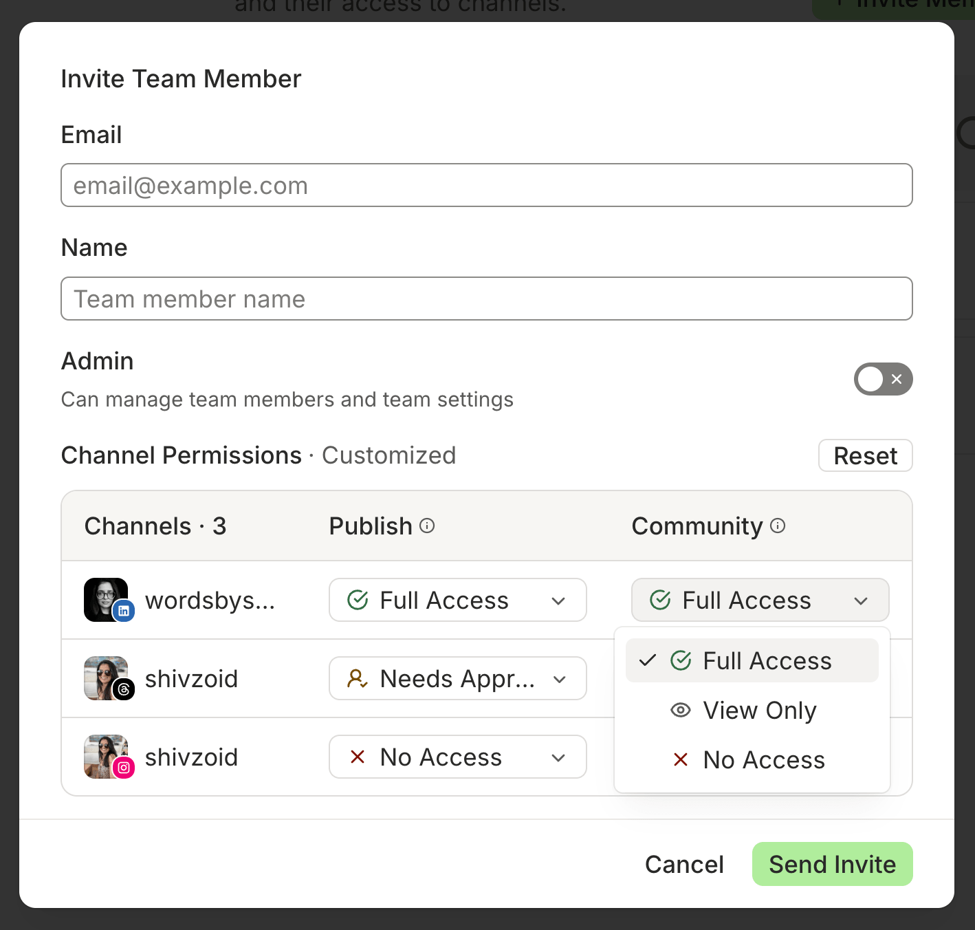 Buffer vs. RecurPost comparison showing Buffer's Invite Team Member modal with per-channel Full Access, View Only, and No Access options