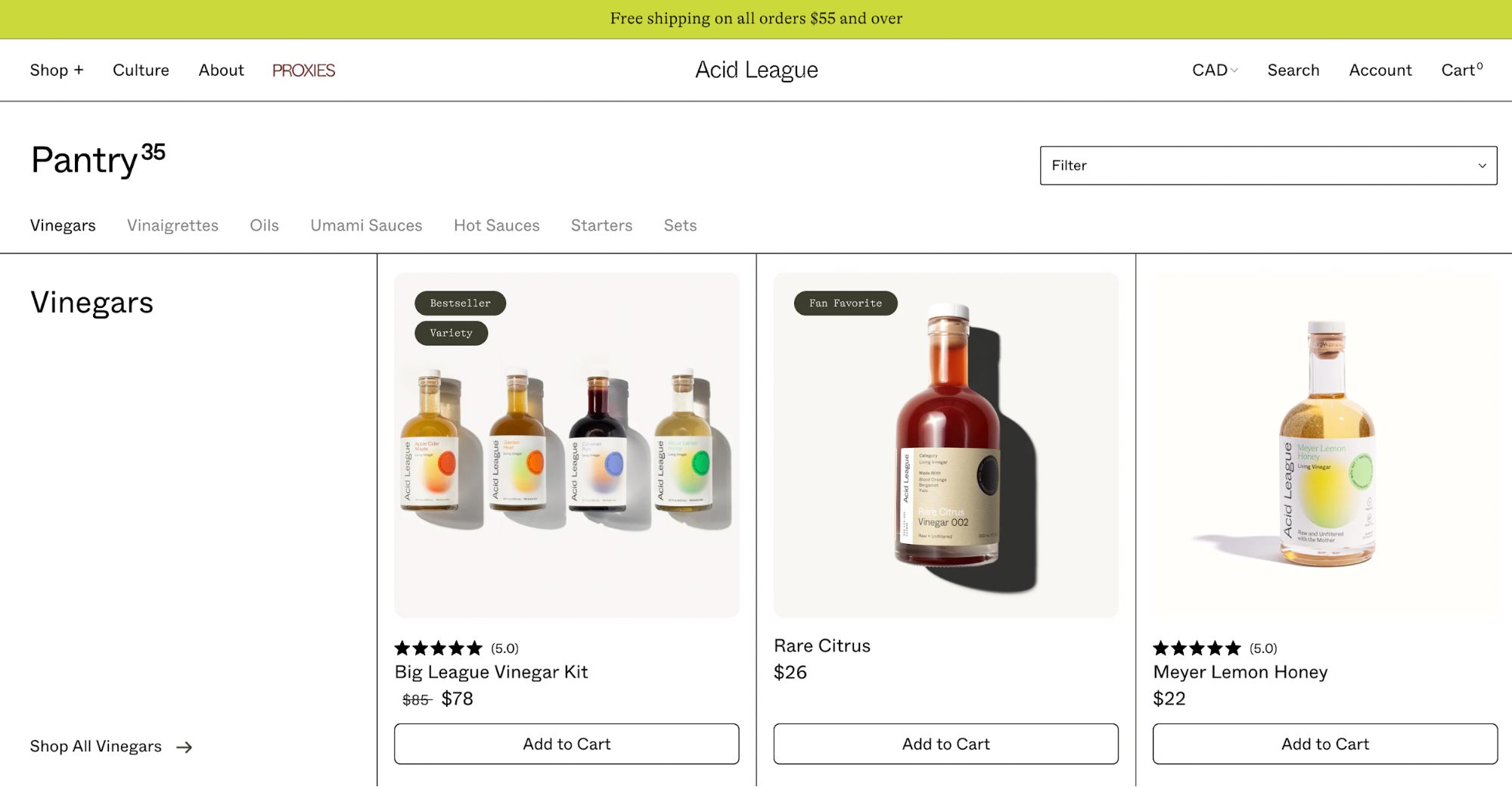 Product grid of gourmet vinegars on the Acid League website.