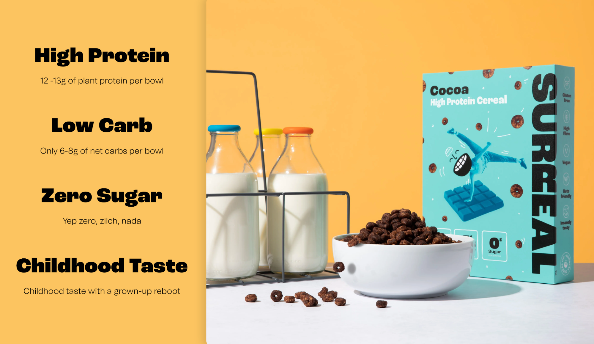 Box of high-protein cocoa cereal with milk bottles and bold yellow background.