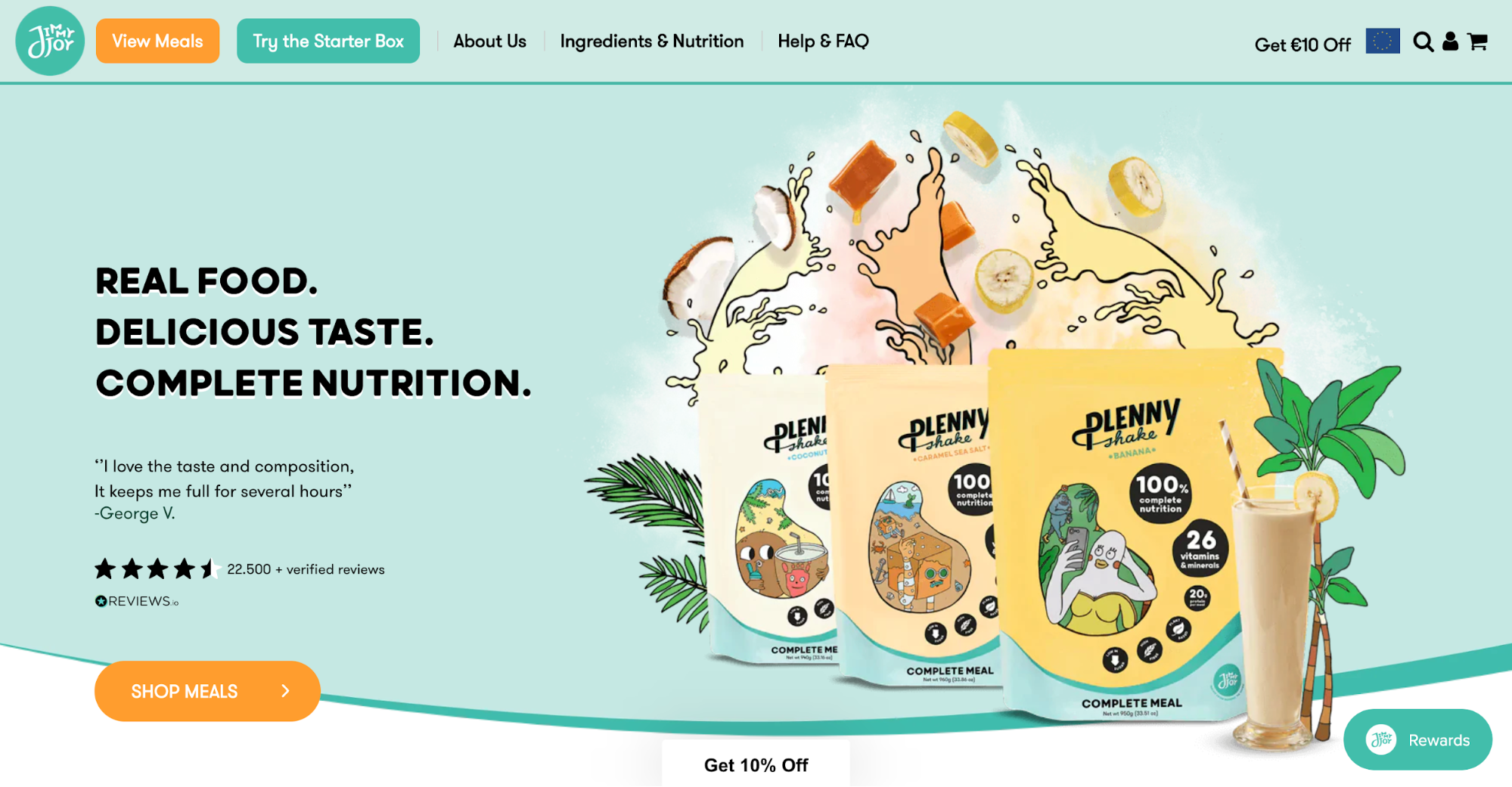 Plenny Shake meal replacement pouches and smoothie on a mint background.