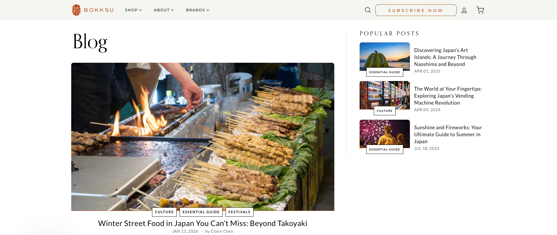 Bokksu blog post showing skewered meats grilling over open flame for Winter Street Food in Japan article.