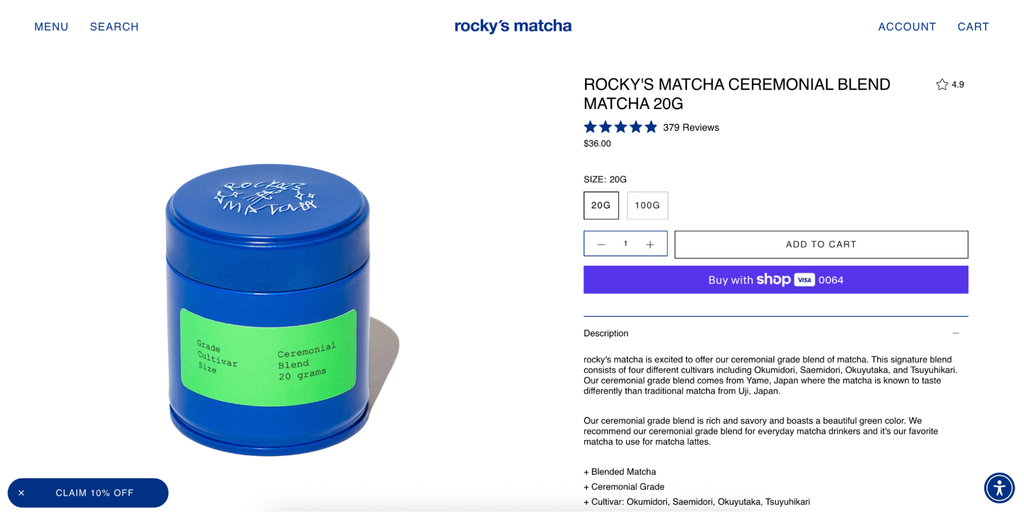 Rocky's Matcha product page showing a blue tin of ceremonial blend matcha 20g with add to cart.