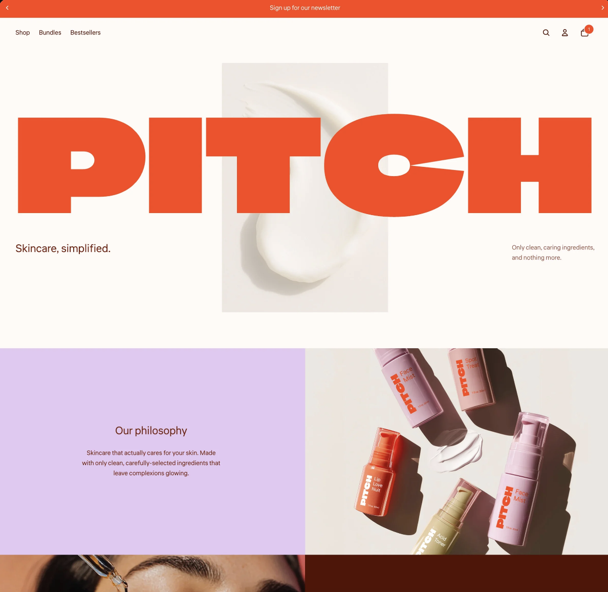 Pitch theme homepage layout for a skincare storefront, built from nested Horizon theme blocks.