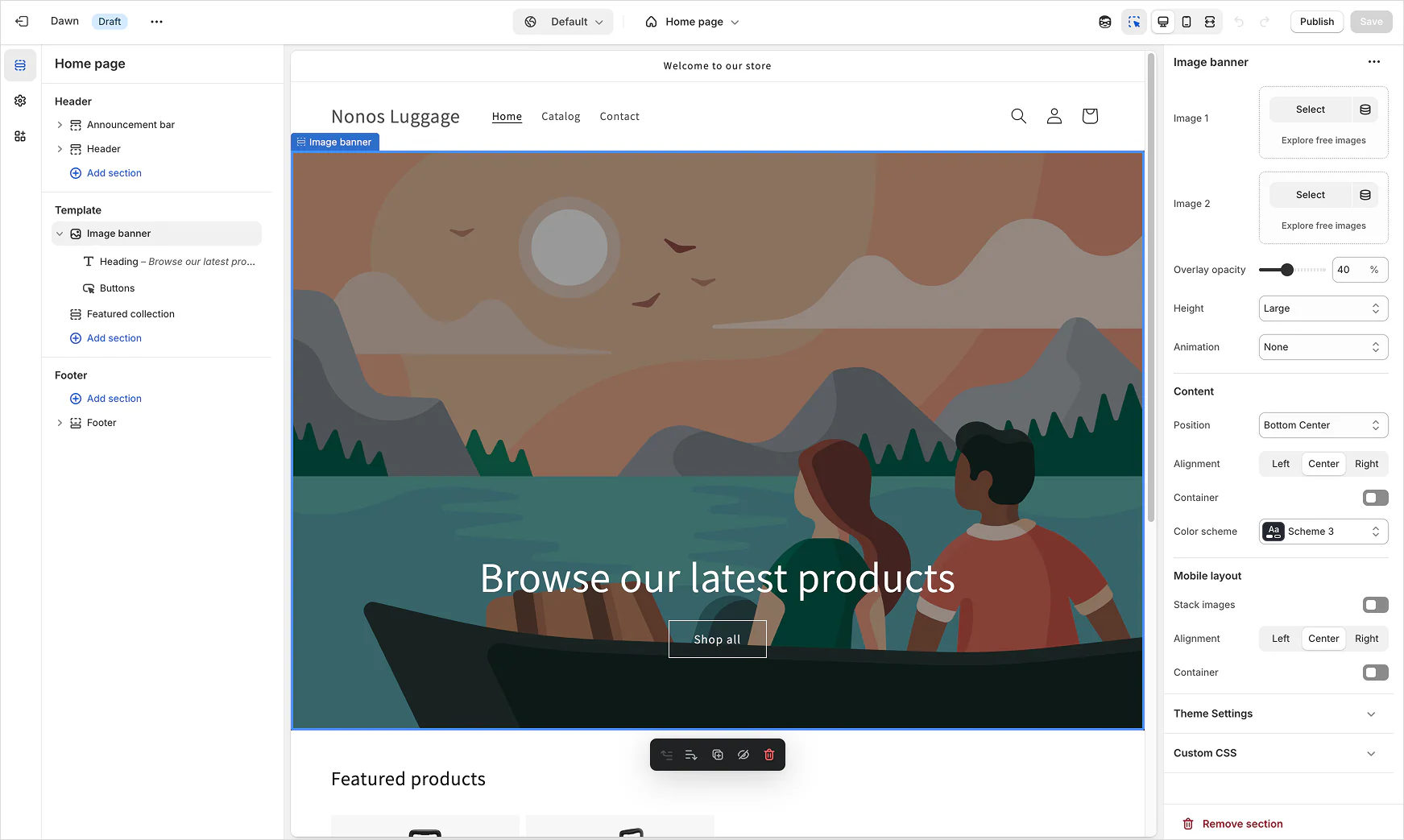 Shopify theme editor showing image banner customization settings and homepage preview.