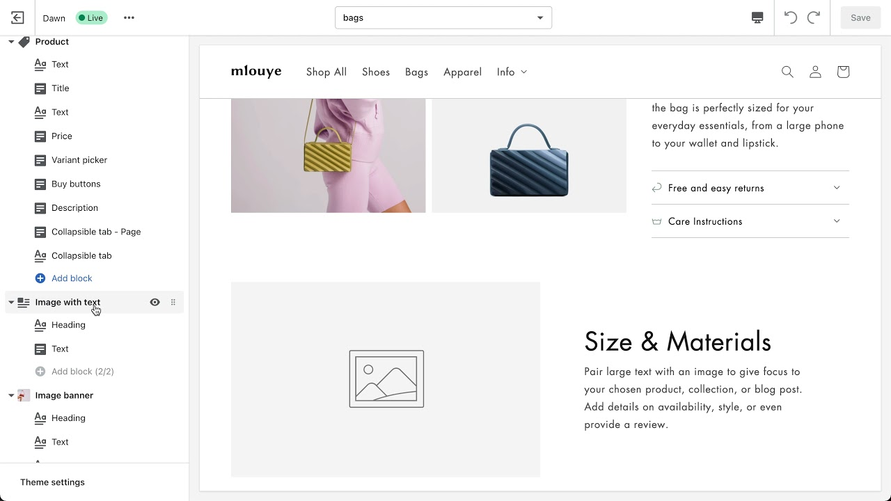 Shopify theme editor customizing a handbag product page with Size & Materials section.