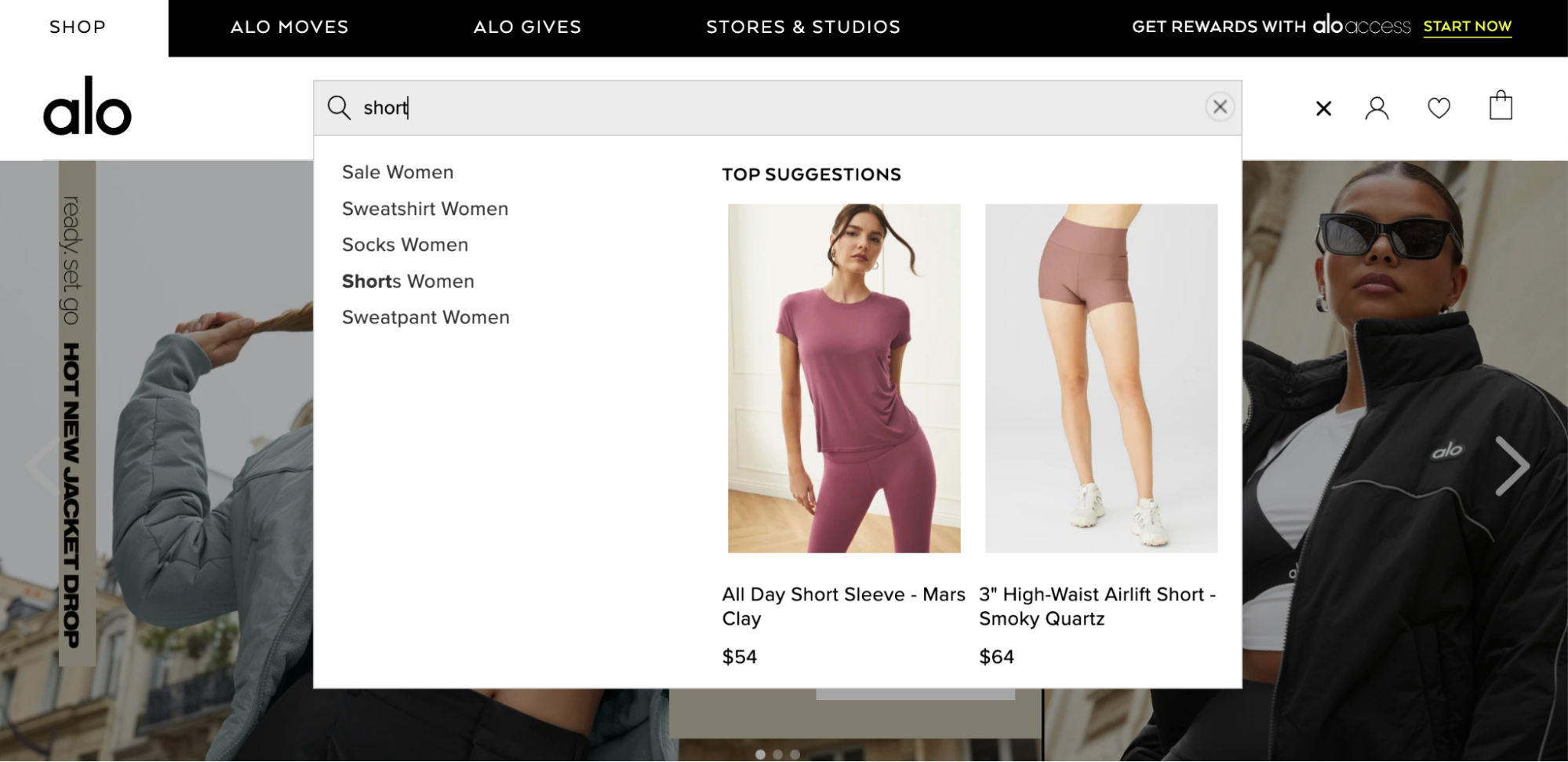 Alo Yoga website with search suggestions for