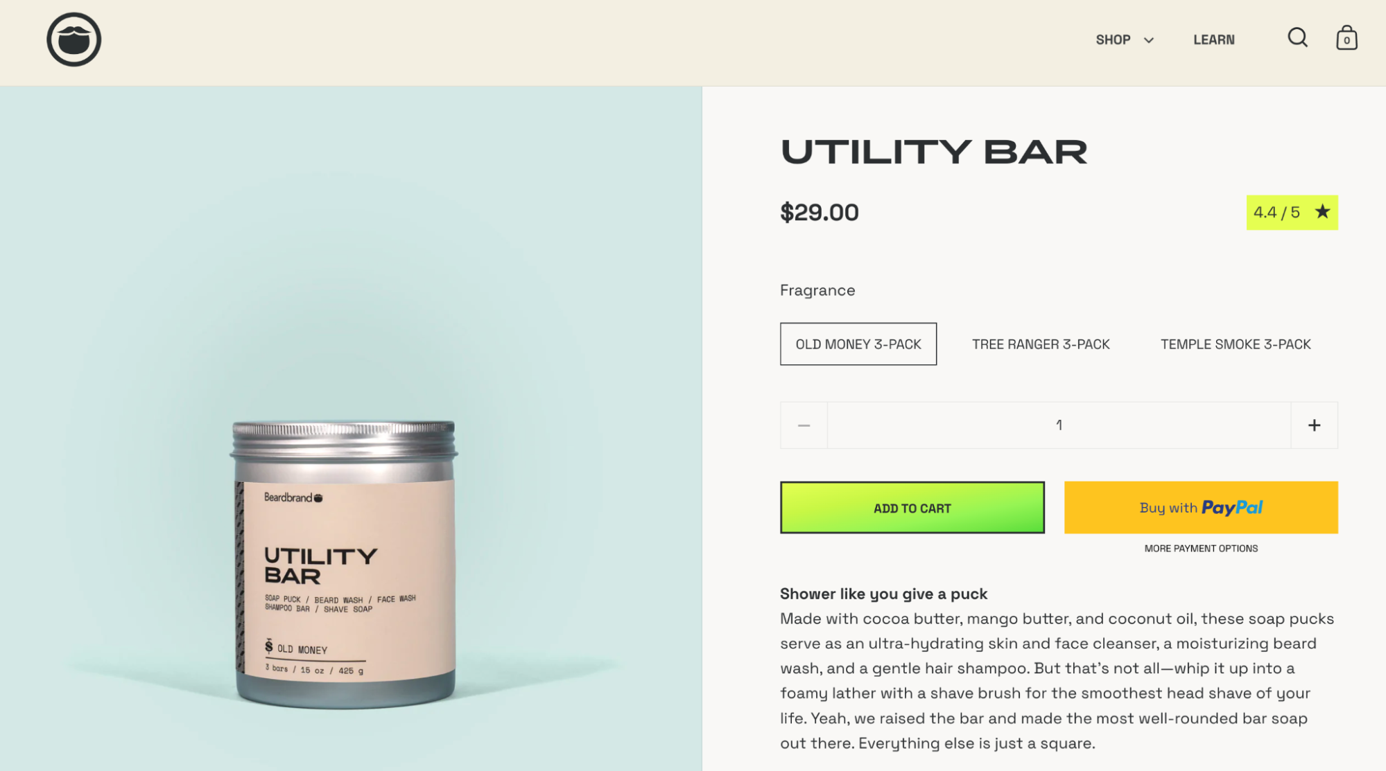 Beardbrand's product page for Utility Bar soap with its 4.4 out of 5 star customer rating.