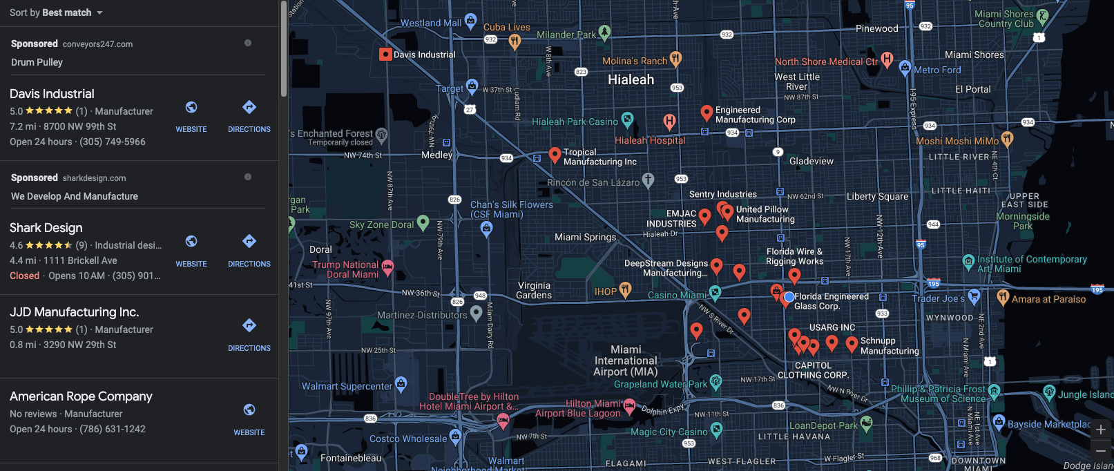 Google Maps view showing manufacturers and industrial listings around Miami.