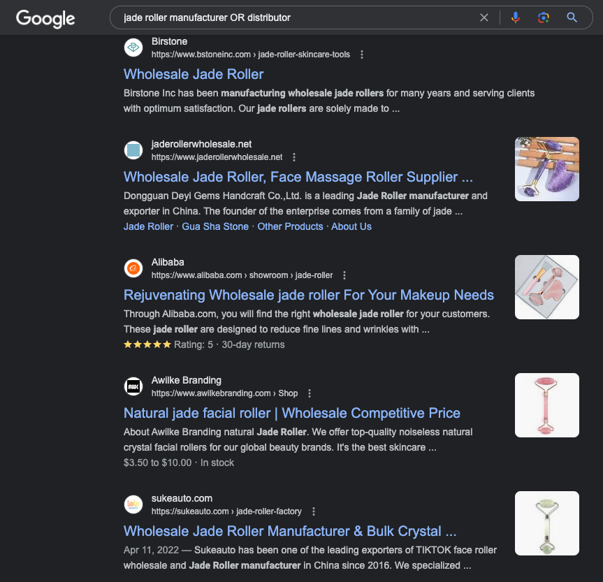 Google search results for jade roller manufacturers and distributors.