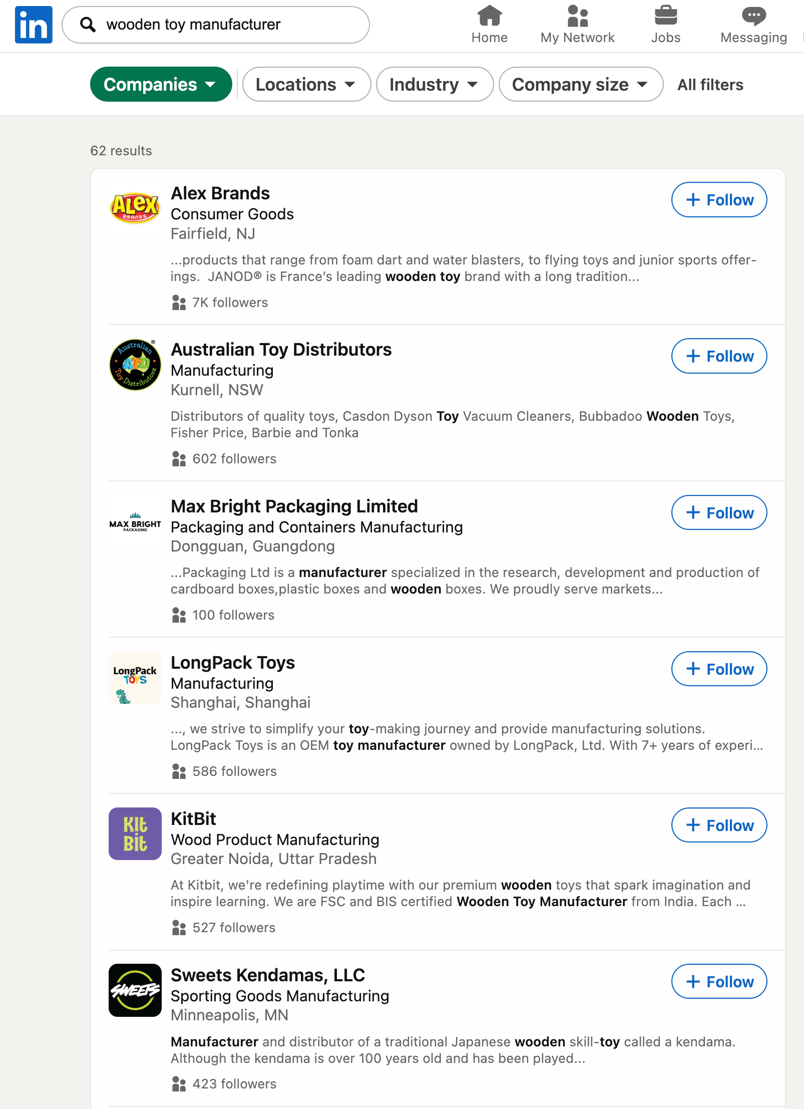 A user searches for wooden toy manufacturers on LinkedIn