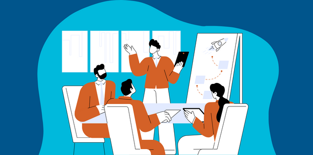 Five stylized people in a meeting: one presenting at a rocket-drawing whiteboard, four seated at a table.