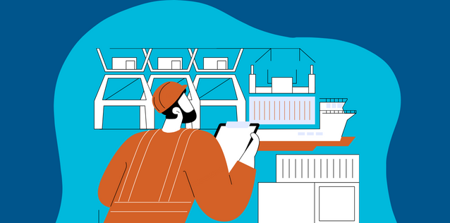 Stylized worker in orange hard hat looking at shipping containers and cranes at a port