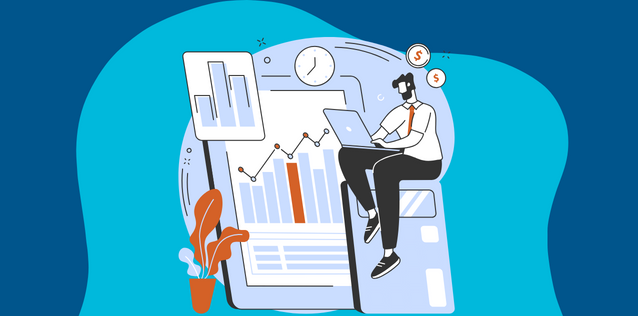 A stylized illustration shows a person sitting cross-legged on a large credit card, working on a laptop. Behind them, a large digital display shows bar graphs, line graphs, and a clock.