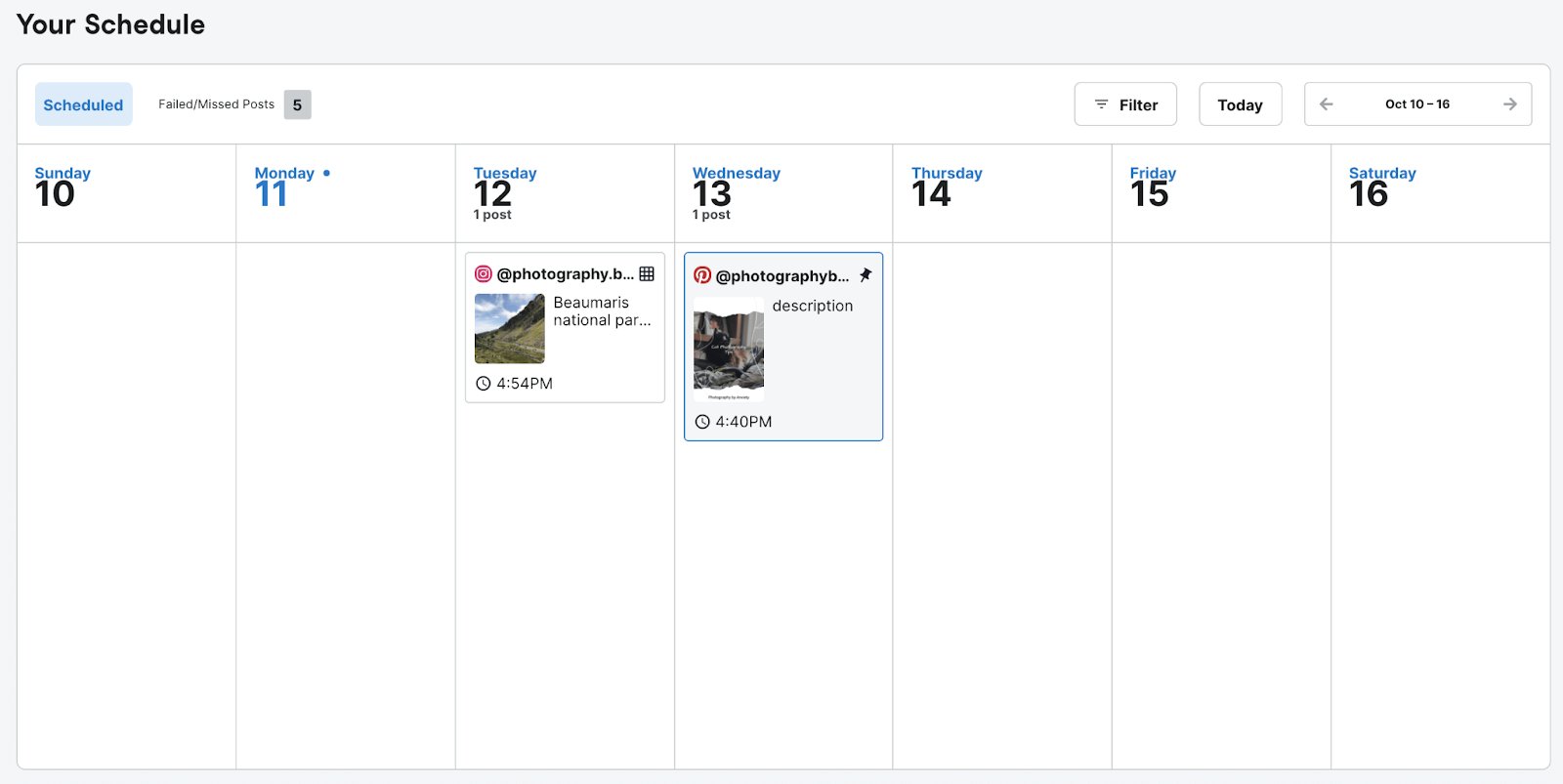 Tailwind's weekly calendar showing scheduled Instagram and Pinterest posts with previews and times, illustrating organized planning through social media management tools.
