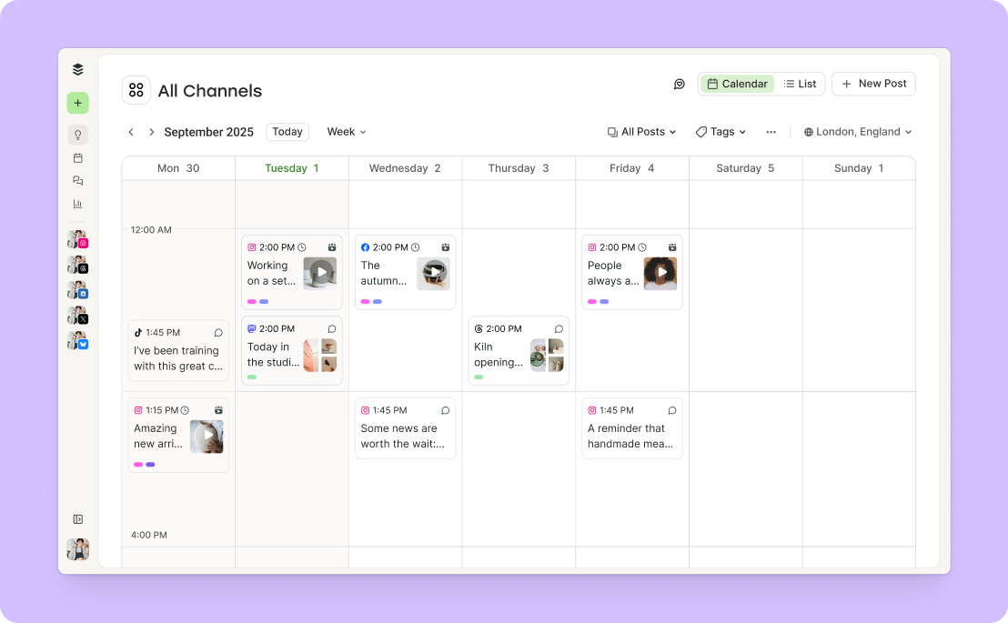 Buffer social media management tool calendar in weekly view, showing scheduled posts across Instagram, TikTok, Facebook and other channels for September 2025
