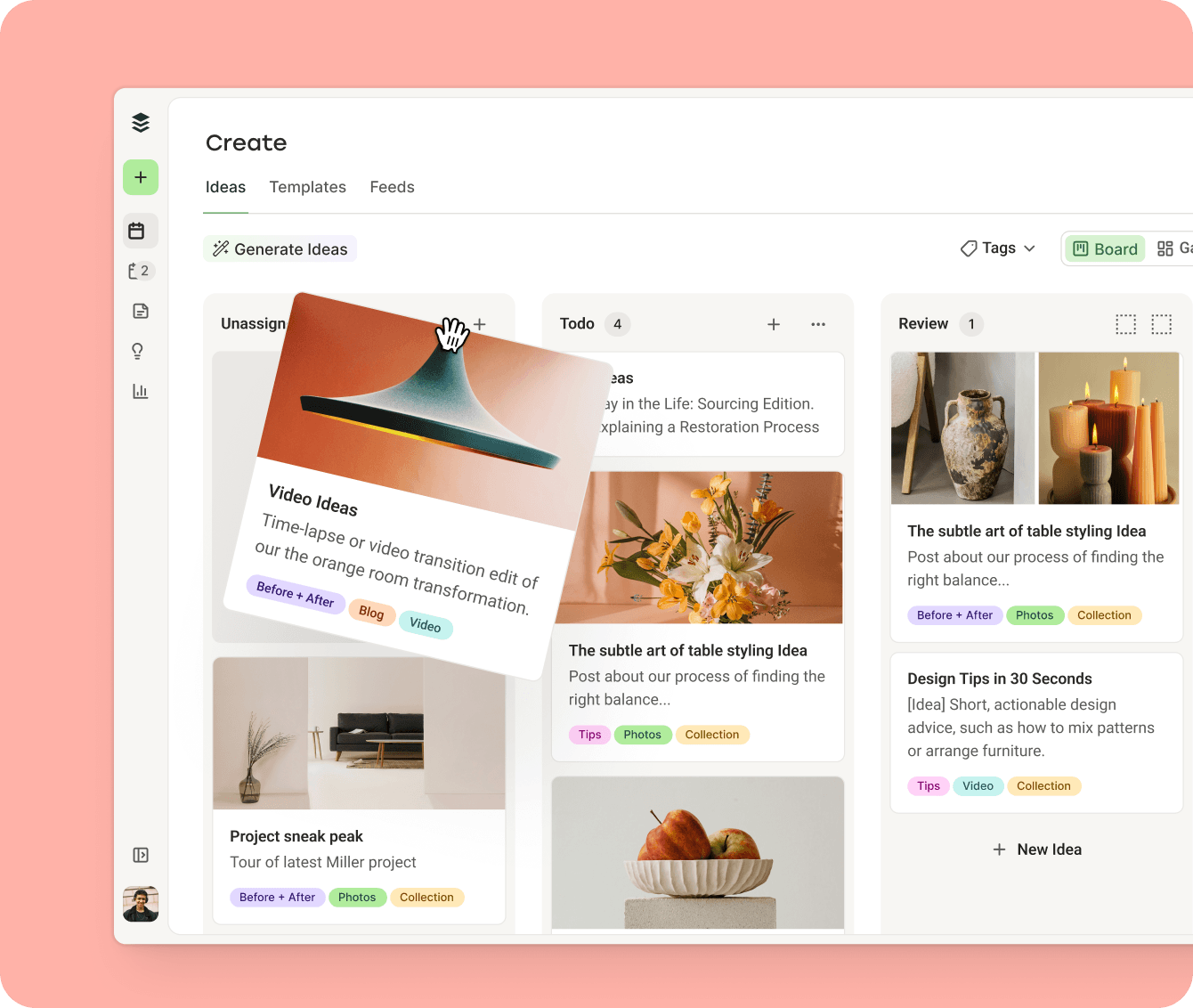 Sprout Social alternative Buffer shows its Create space Ideas board with Unassigned, Todo, and Review columns and a Generate Ideas button