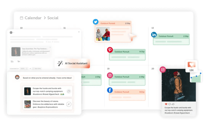 Sprout Social alternative CoSchedule shows a social calendar with scheduled posts, an AI Social Assistant suggesting post copy, and a post preview