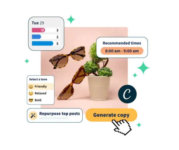 Sprout Social alternative Hootsuite is illustrated with post counts, recommended times, a tone selector, and Repurpose and Generate copy buttons