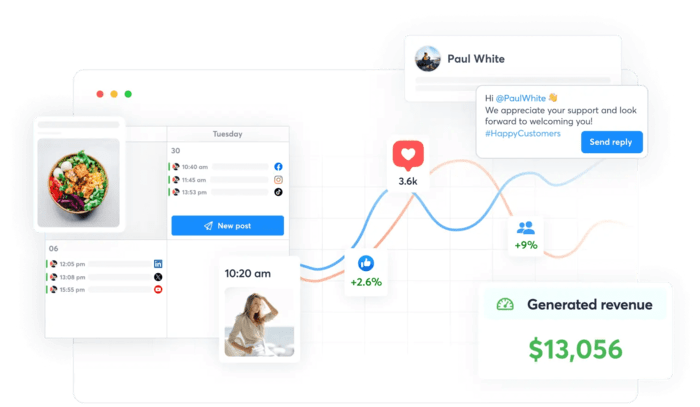 Sprout Social alternative Agorapulse displays a publishing calendar with scheduled posts, a comment reply, engagement metrics, and generate revenue