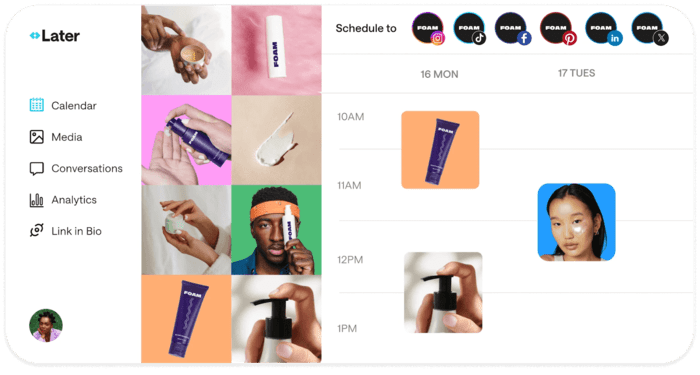 Sprout Social alternative Later shows a Calendar view with a media library grid and posts scheduled across six connected social profiles