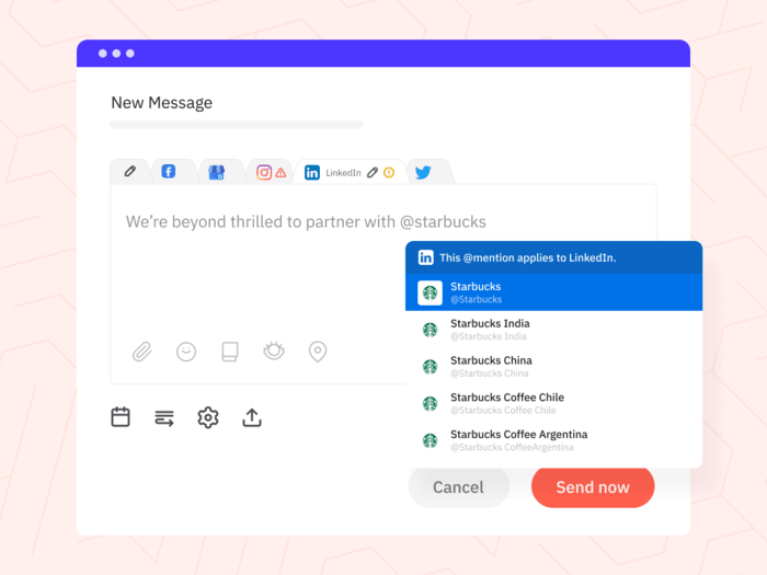 Sprout Social alternative Sendible shows a New Message composer with network tabs and an @mention menu of Starbucks accounts for LinkedIn
