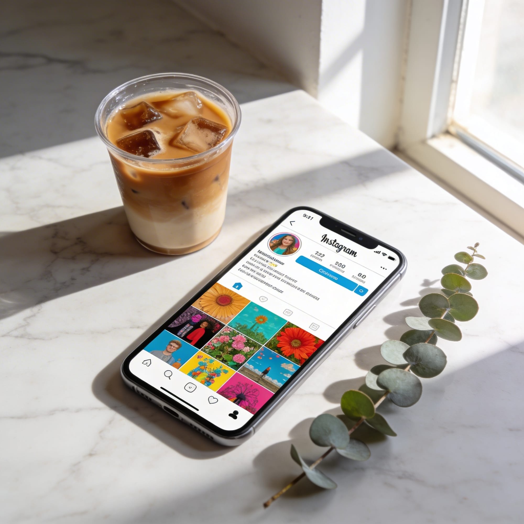 Seedream AI image generator scene featuring a smartphone with a colorful social media feed, iced coffee, and eucalyptus on a sunlit marble table.