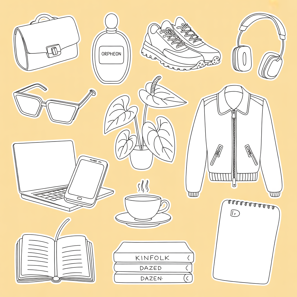 Ideogram AI image generator artwork featuring line-drawn fashion, tech, accessories, coffee, books, and a plant on a pale yellow background.