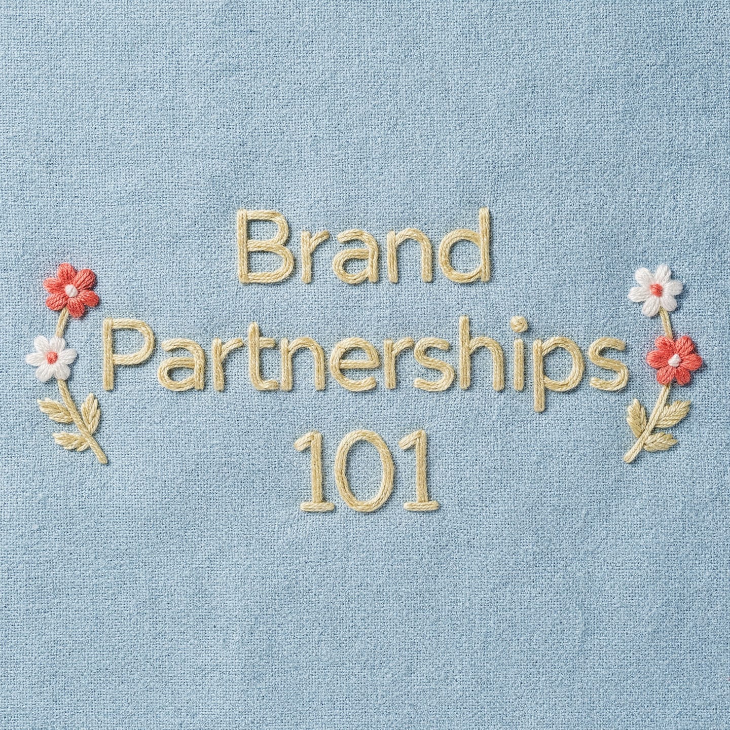 FLUX.2 Pro AI image generator artwork featuring embroidered Brand Partnerships 101 text with floral accents on textured blue fabric.